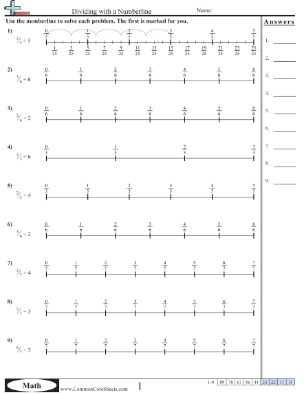 Fraction Worksheets - Dividing with a Numberline  worksheet